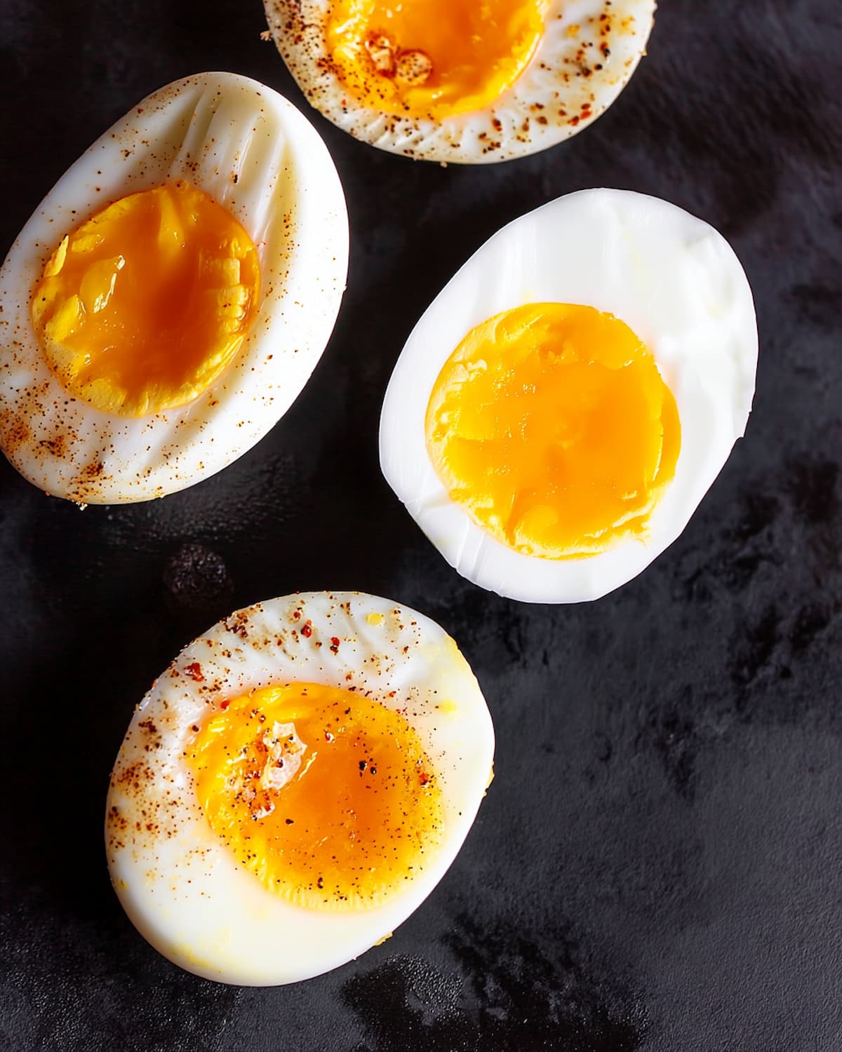 Air fryer jammy eggs on dark surface, showing golden runny yolks and firm whites, some seasoned.