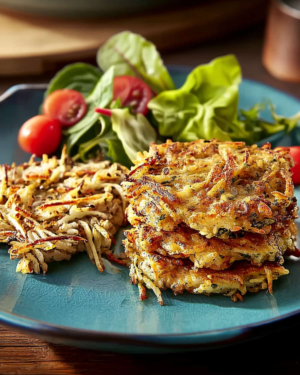 Air fryer rösti with crispy golden-brown edges, served on a blue plate with fresh lettuce.