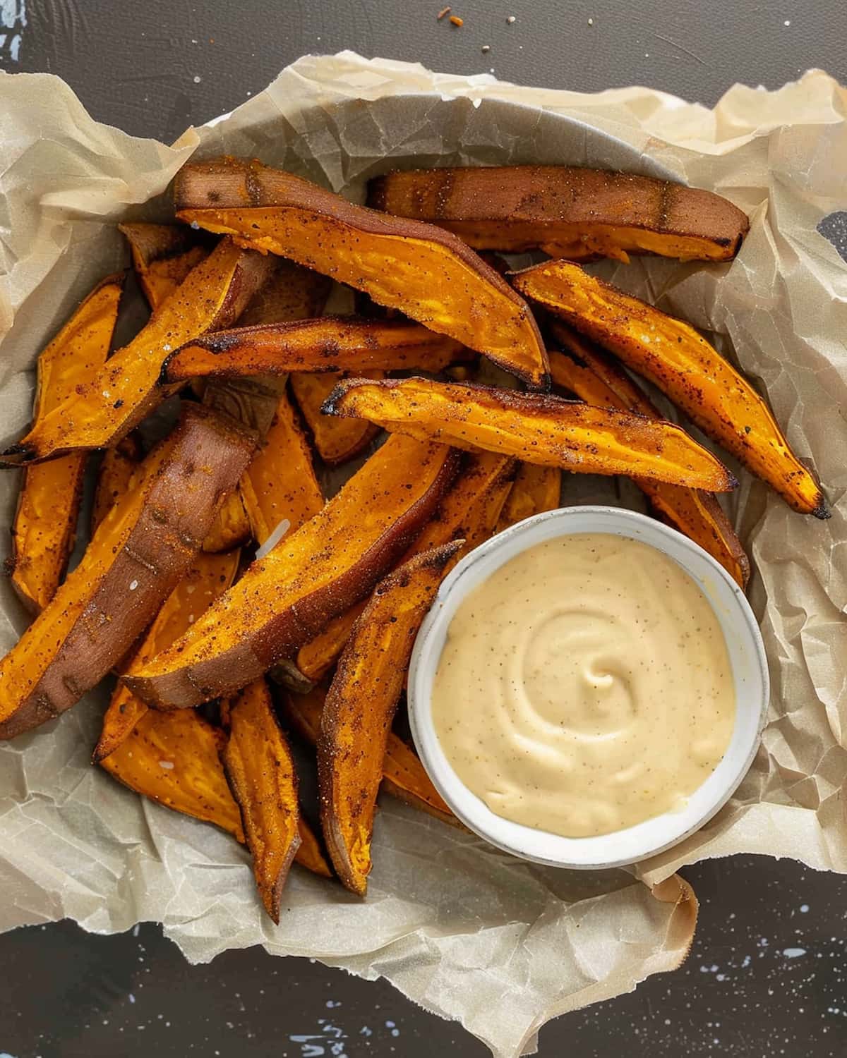 Crispy Air Fryer Sweet Potato Wedges Recipe served with creamy dipping sauce, perfectly seasoned.