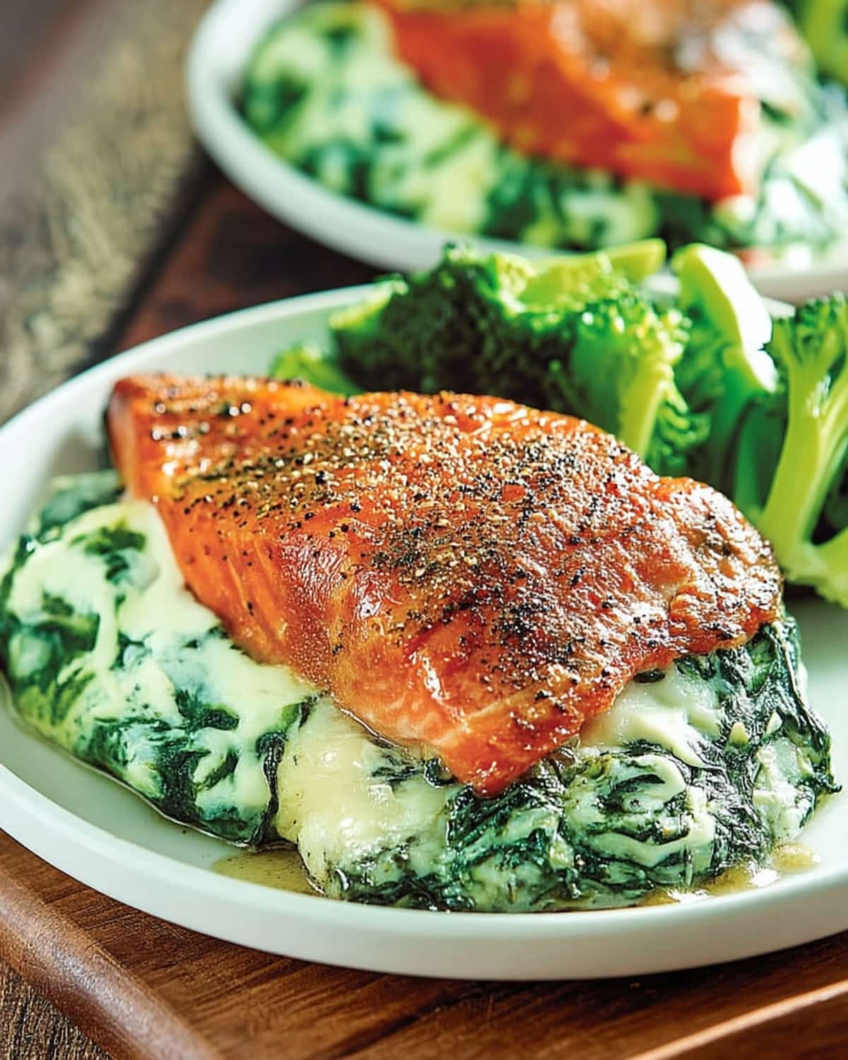 Keto stuffed salmon from air fryer, filled with creamy spinach and cheese mixture, served with steamed broccoli florets.
