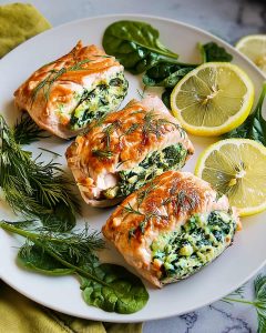Spinach and cream cheese stuffed salmon fillets on white plate with lemon slices, fresh dill, and spinach leaves as garnish.