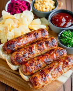 Air fryer bratwurst on hot dog buns with potato chips, served with pickled cabbage, corn, ketchup.