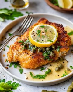 Air fryer chicken piccata on white plate, topped with lemon slice, capers, and fresh parsley in creamy lemon sauce with fork.