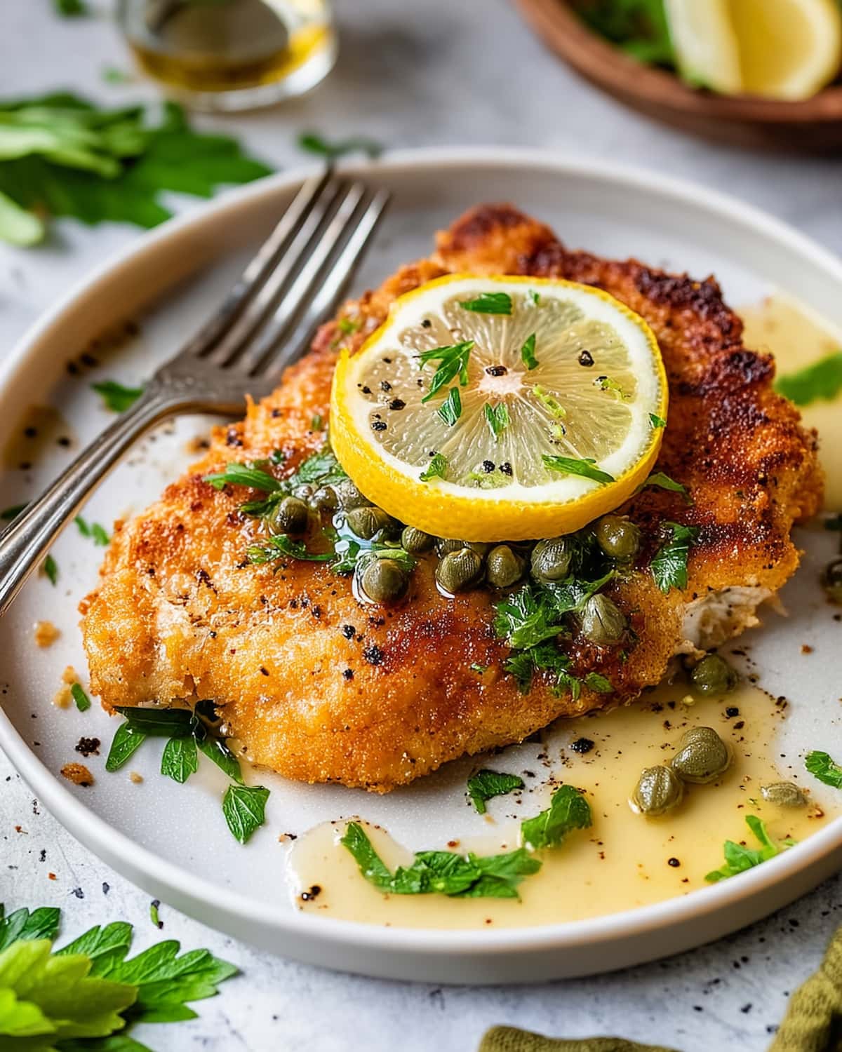 Air fryer chicken piccata on white plate, topped with lemon slice, capers, and fresh parsley in creamy lemon sauce with fork.