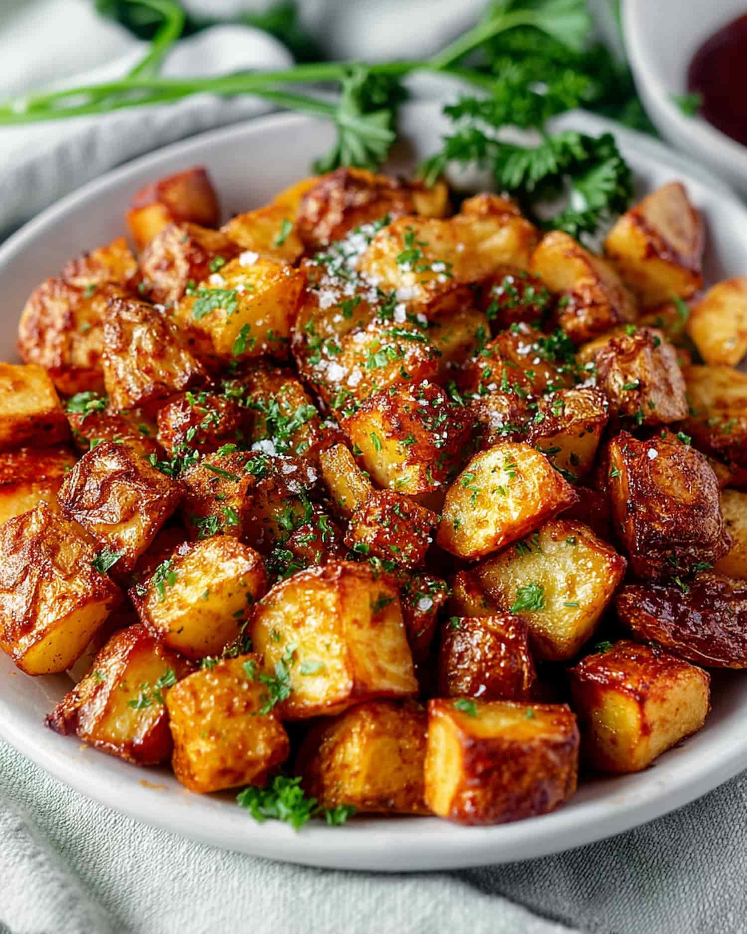 Air fryer crispy breakfast potatoes with golden, crunchy edges, tender centers, and a sprinkle of fresh herbs on top.