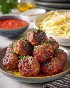 Air fryer turkey meatballs glazed with sauce, sprinkled with fresh herbs, served with pasta and tomato sauce in the background.