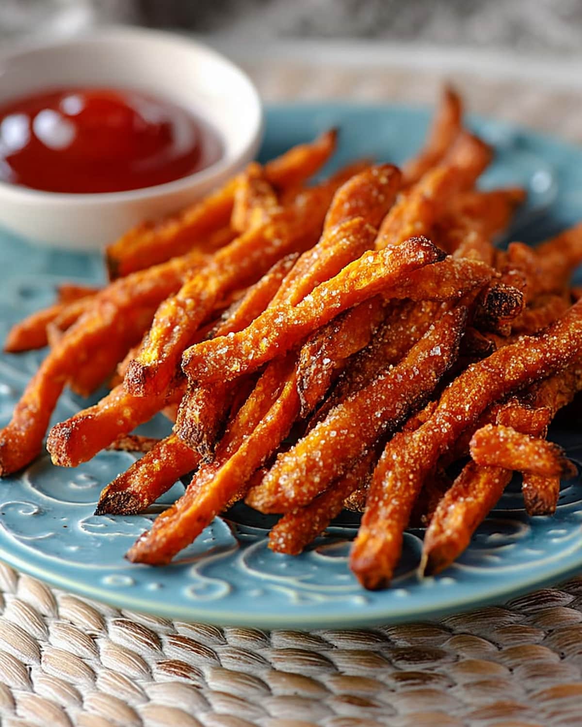 Alexia waffle cut sweet potato fries air fryer with crispy edges and golden-brown color.
