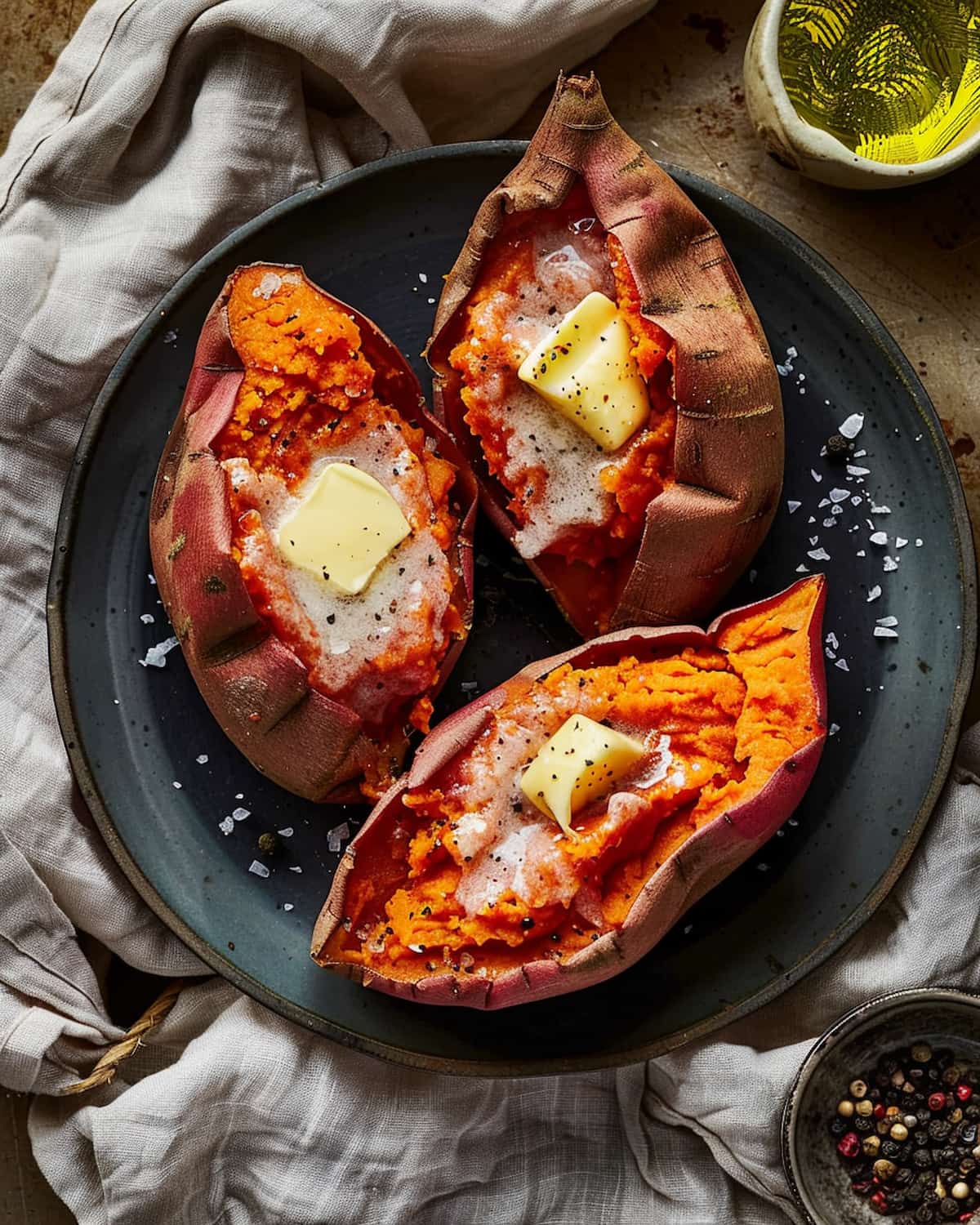 Air Fryer Stuffed Sweet Potatoes with fluffy centers, melted butter, and a sprinkle of salt and pepper.