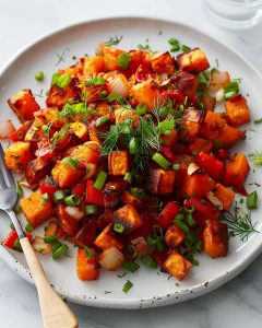 Air Fryer Sweet Potato Hash Recipe with crispy sweet potatoes, bell peppers, onions.