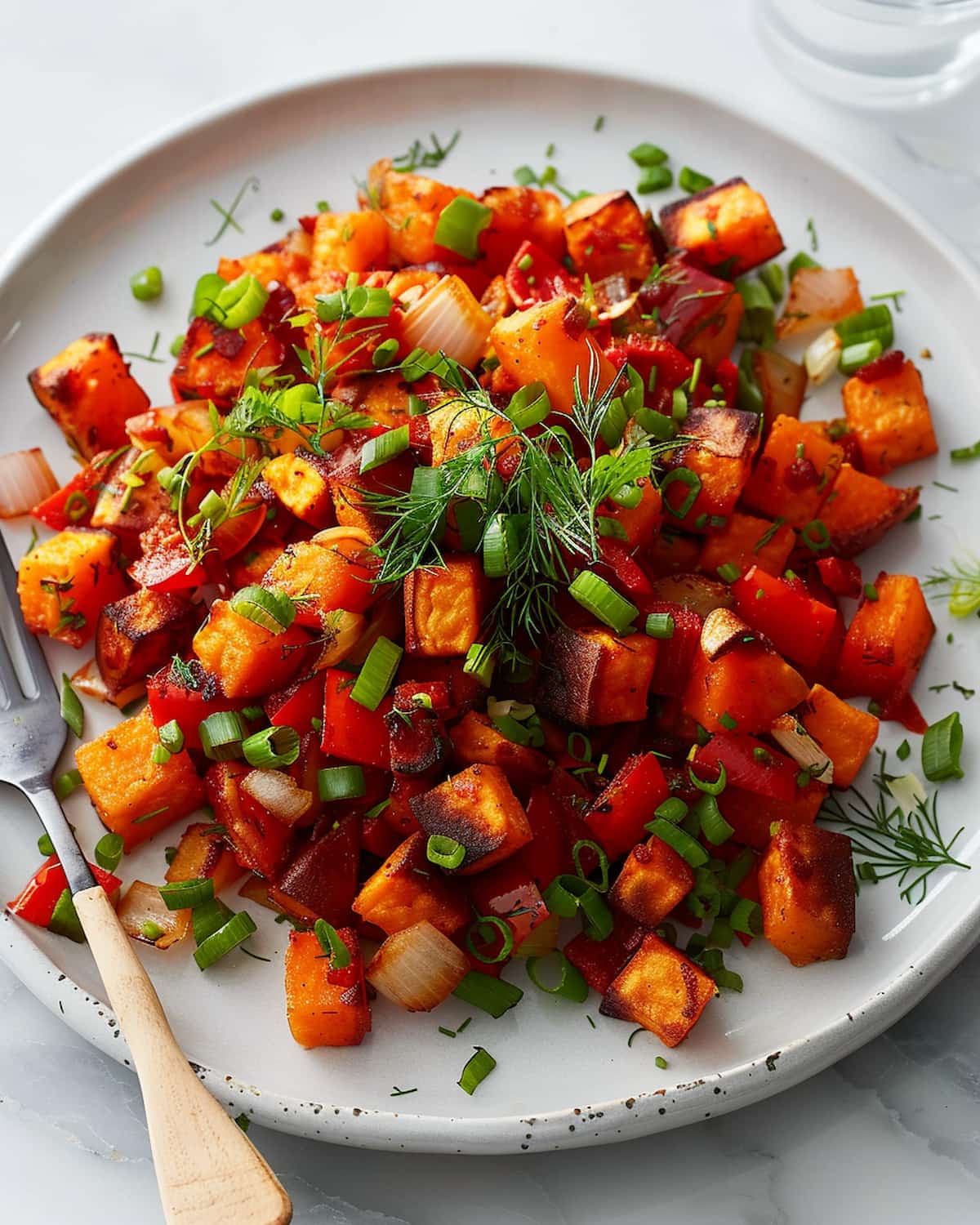 Air Fryer Sweet Potato Hash Recipe with crispy sweet potatoes, bell peppers, onions.