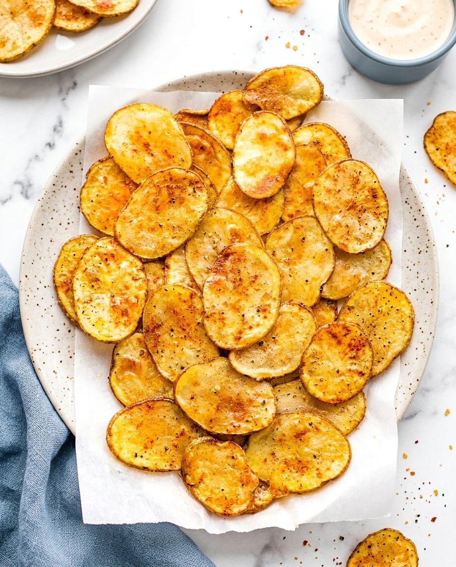 Crispy Air Fryer Potato Chips piled in a bowl with golden edges and crackly texture, ready to snack on