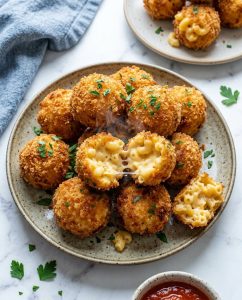Crispy Macaroni And Cheese Balls Recipe with golden crust and gooey cheese pull, cooked in an air fryer at 380°F