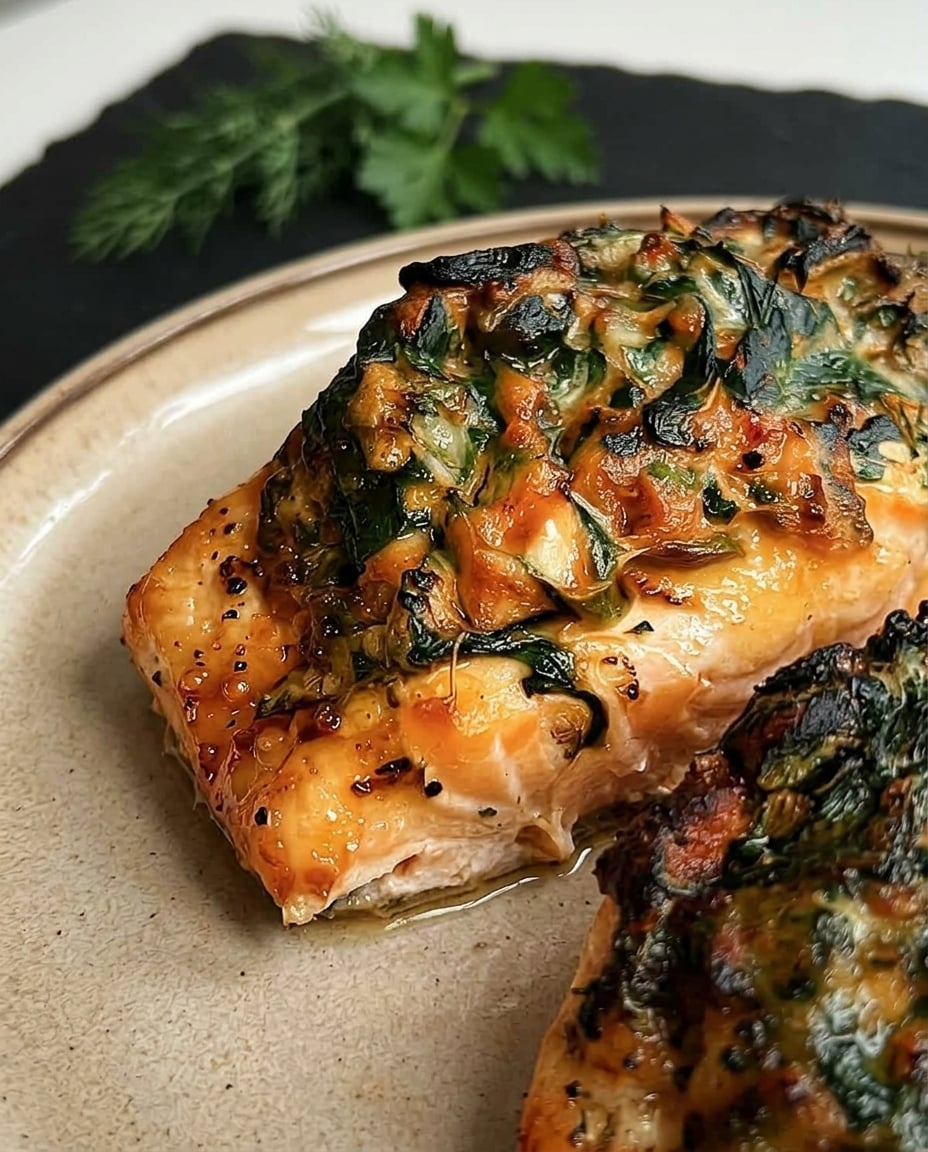 Crab Stuffed Salmon in Air Fryer - Detail Shot Crab Stuffed Salmon in Air Fryer close-up