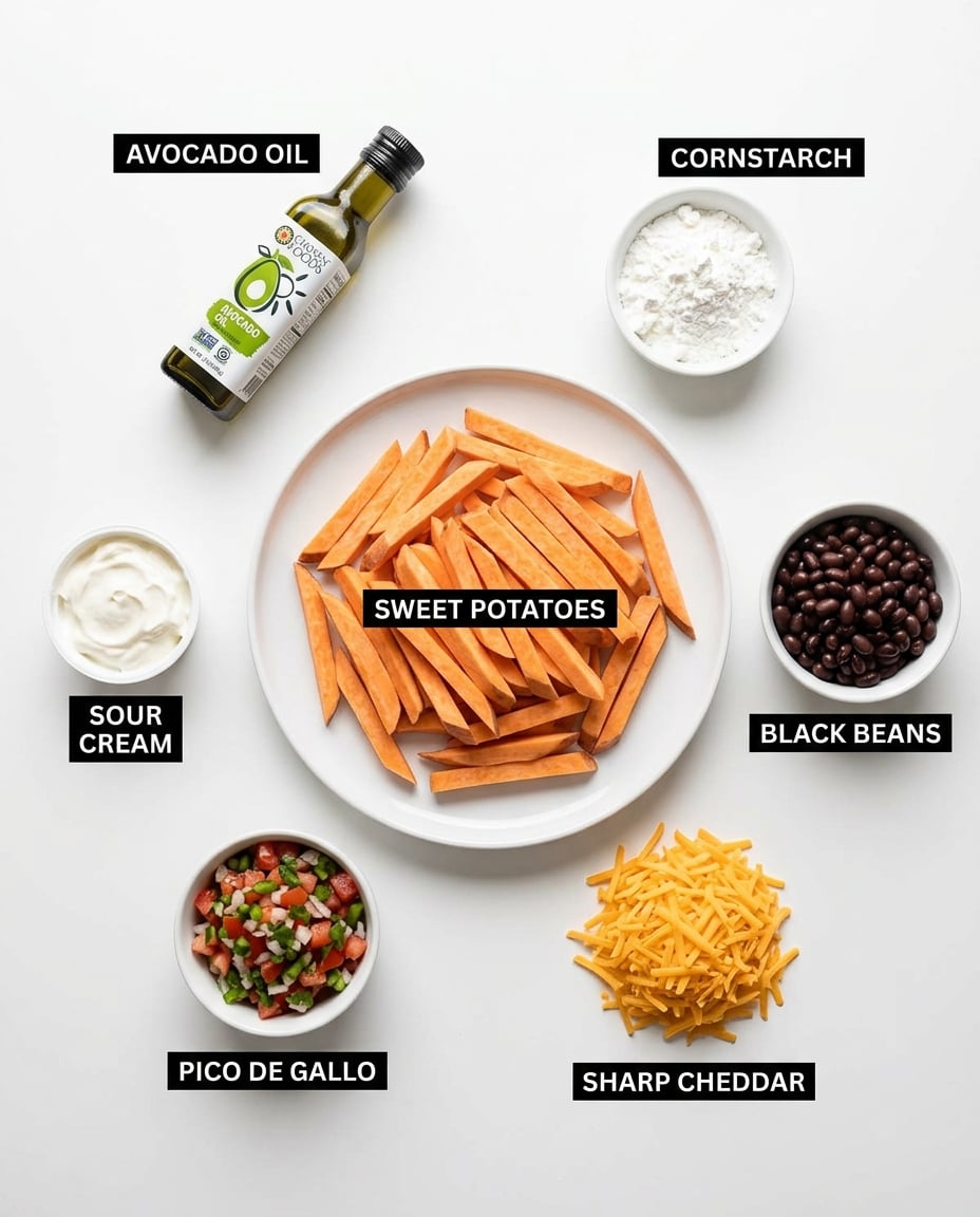 Ingredients for Loaded Sweet Potato Fries Air Fryer Recipe Ingredients for Loaded Sweet Potato Fries Air Fryer Recipe