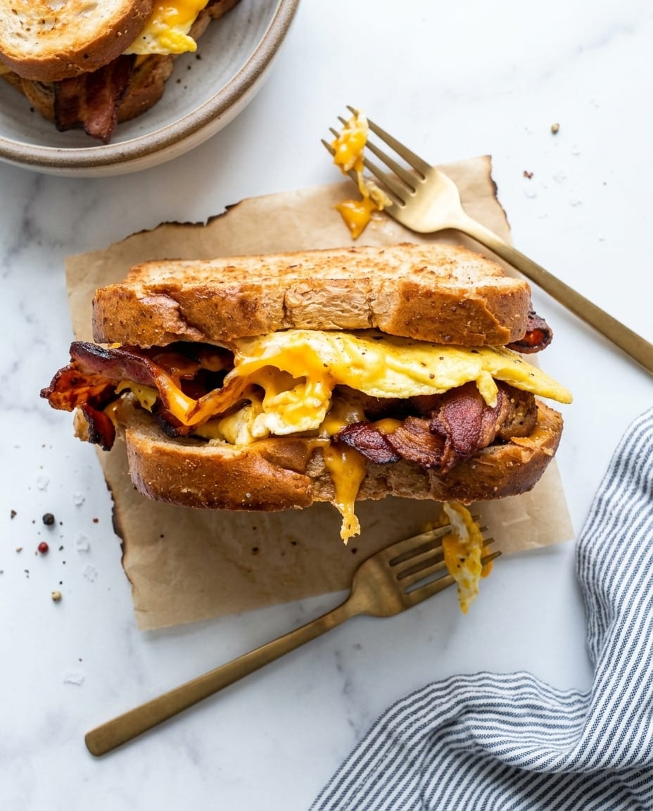 Air Fryer Bacon Egg And Cheese Sandwich with crispy bacon, melted cheddar, and toasted bread, ready in 10 minutes