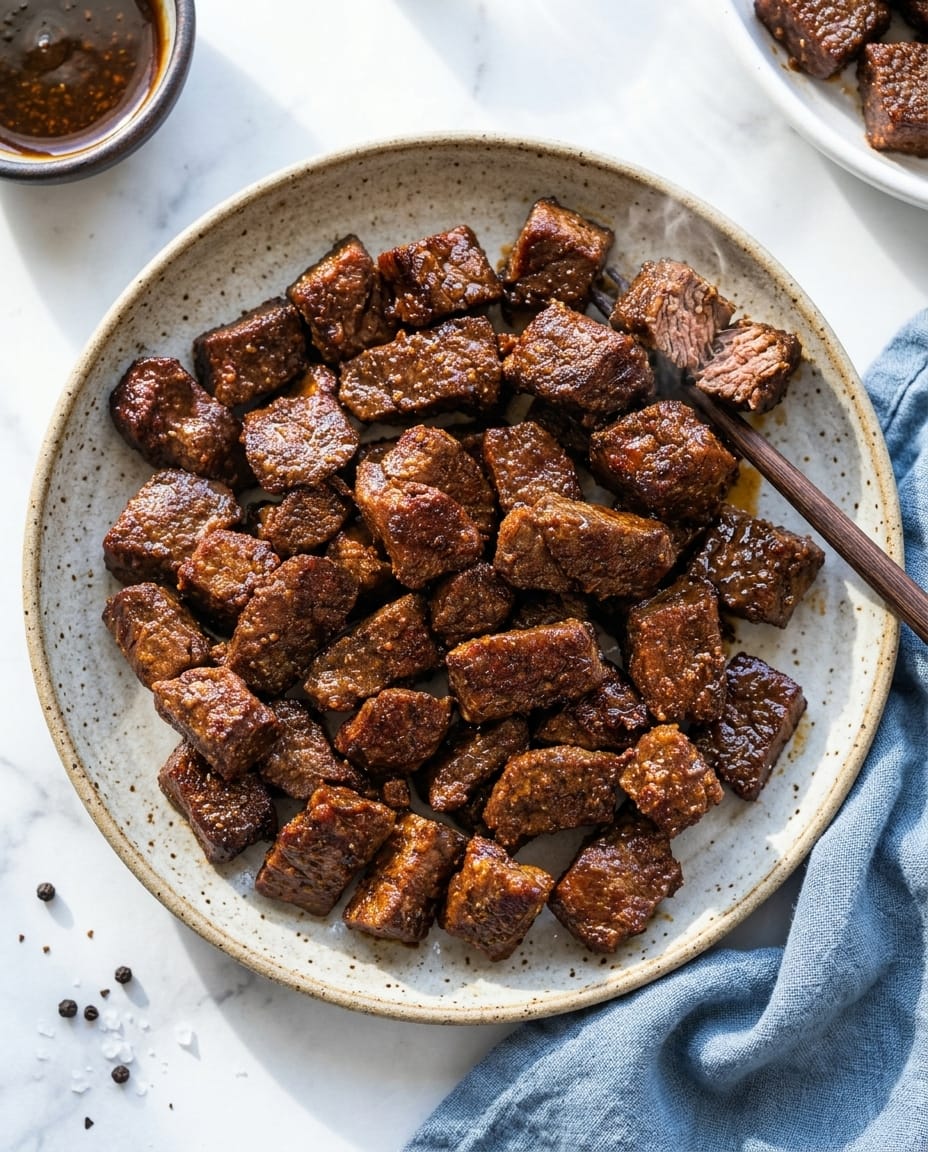 Air Fryer Steak Bites Marinade with caramelized edges and glossy finish, served hot from the basket