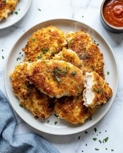 Crispy Air Fryer Parmesan Chicken Breast with golden Parmesan crust, sliced to show juicy center, ready in 15 minutes