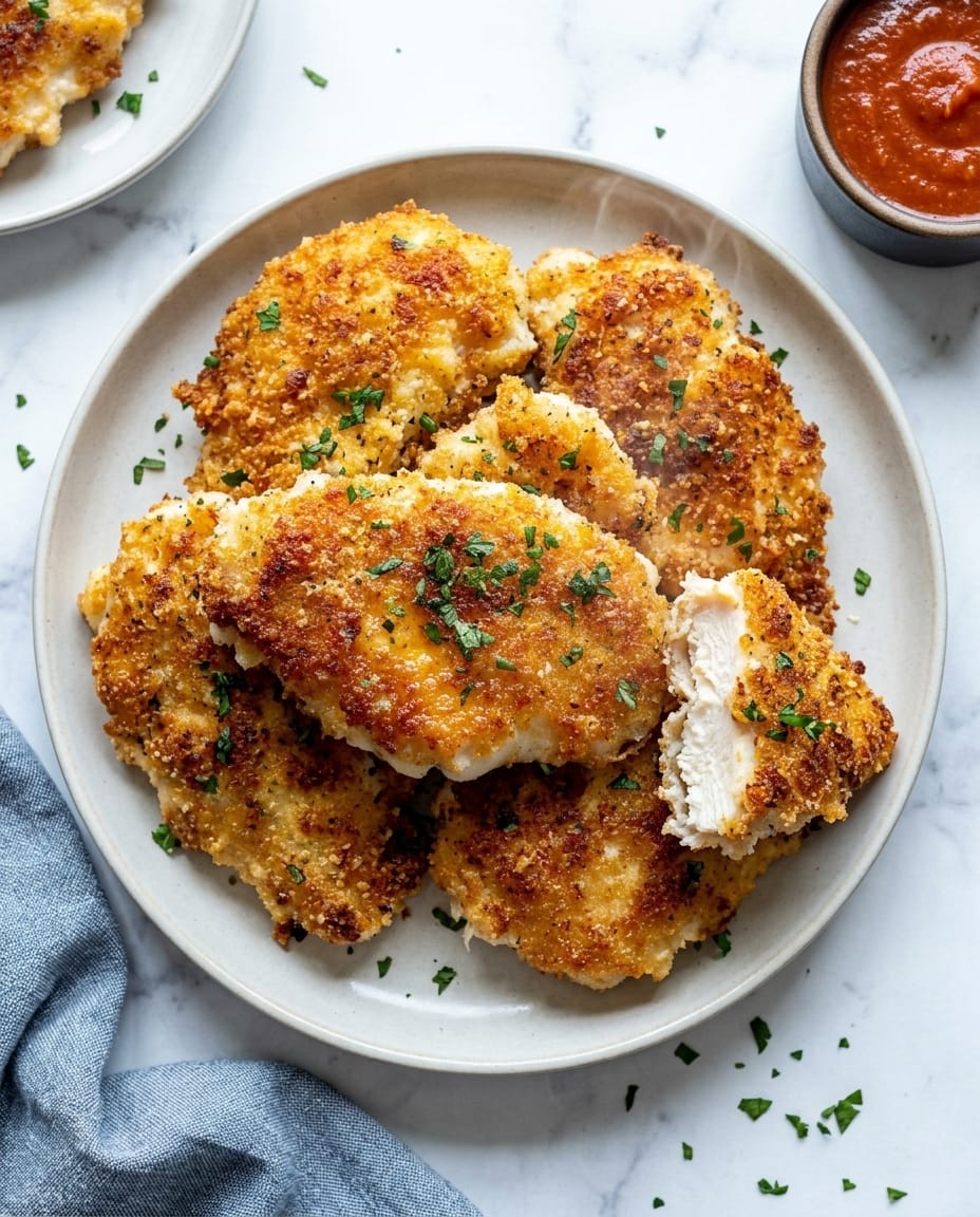 Crispy Air Fryer Parmesan Chicken Breast with golden Parmesan crust, sliced to show juicy center, ready in 15 minutes